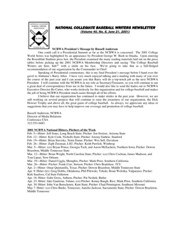 NATIONAL COLLEGIATE BASEBALL WRITERS NEWSLETTER (Volume 40, No