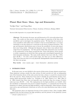 Planet Host Stars: Mass, Age and Kinematics