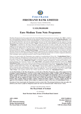 FIRSTRAND BANK LIMITED Euro Medium Term Note