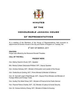 Minutes of the Honourable Jamaica House Of