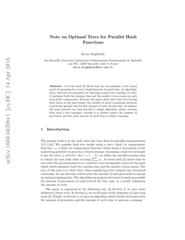 Note on Optimal Trees for Parallel Hash Functions