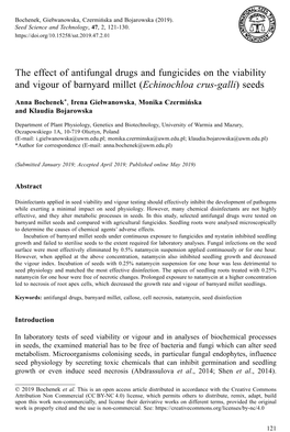 The Effect of Antifungal Drugs and Fungicides on the Viability and Vigour of Barnyard Millet (Echinochloa Crus-Galli) Seeds