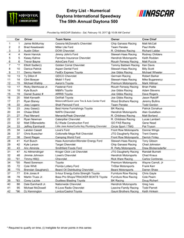 Entry List - Numerical Daytona International Speedway the 59Th Annual Daytona 500