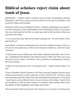 Biblical Scholars Reject Claim About Tomb of Jesus