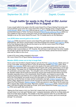 Tough Battle for Spots in the Final at ISU Junior Grand Prix in Zagreb