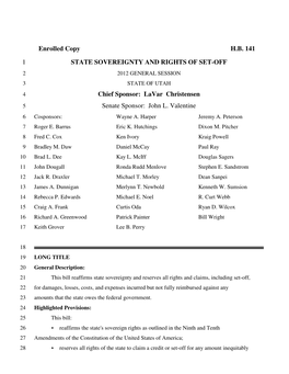 Enrolled Copy HB 141 1 STATE SOVEREIGNTY and RIGHTS of SET-OFF