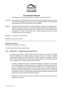 FE Corporation Minutes Meeting Held on Thursday 11 May 2017 at 5.30Pm in Room 301, SRC One