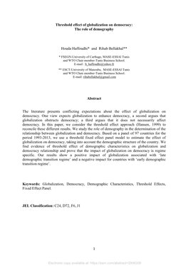 Threshold Effect of Globalization on Democracy: the Role of Demography Houda Haffoudhi* and Rihab Bellakhal** Abstract The