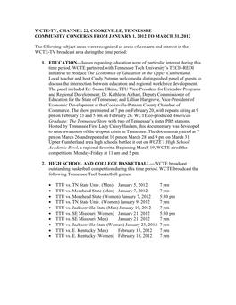 Wcte-Tv, Channel 22, Cookeville, Tennessee Community Concerns from January 1, 2012 to March 31, 2012