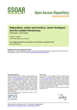 Nationalism, Nation and Territory: Jacint Verdaguer and the Catalan Renaixença Etherington, John Robert