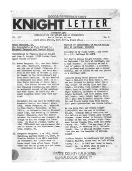 KNIGHT L E T T ER ______!I O !E !~ L 28!______COMMUNICATION for KNIGHT FAMILY RESEARCHERS · VOL, XIV Merle Ganier, Editor No