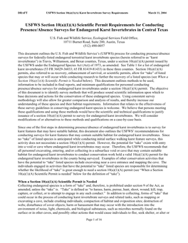 USFWS Section 10(A)(1)(A) Scientific Permit Requirements for Conducting Presence/Absence Surveys for Endangered Karst Invertebrates in Central Texas