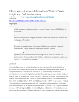 Fifteen Years of Surface Deformation in Western Taiwan: Insight from SAR