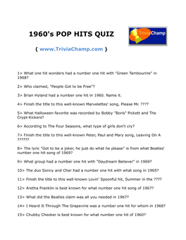 1960'S POP HITS QUIZ