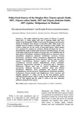 Pollen Food Sources of the Stingless Bees Trigona Apicalis Smith, 1857