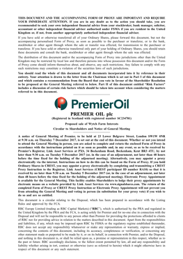 PREMIER OIL Plc (Registered in Scotland with Registered Number SC234781) Proposed Sale of Wytch Farm Interests Circular to Shareholders and Notice of General Meeting