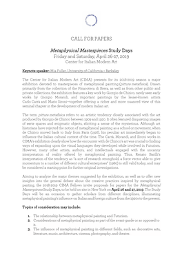 CALL for PAPERS Metaphysical Masterpieces Study Days Friday and Saturday, April 26-27, 2019