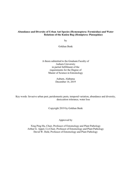 Abundance and Diversity of Urban Ant Species (Hymenoptera: Formicidae) and Water Relations of the Kudzu Bug (Hemiptera: Plataspidae)