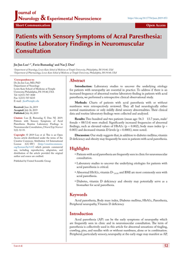 Patients with Sensory Symptoms of Acral Paresthesia: Routine Laboratory Findings in Neuromuscular Consultation