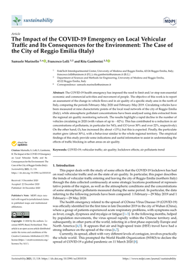 The Impact of the COVID-19 Emergency on Local Vehicular Trafﬁc and Its Consequences for the Environment: the Case of the City of Reggio Emilia (Italy)