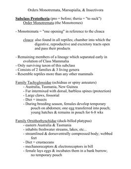 Orders Monotremata, Marsupialia, & Insectivora Subclass Prototheria