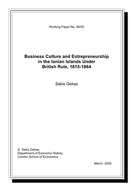 Business Culture and Entrepreneurship in the Ionian Islands Under British Rule, 1815-1864