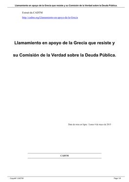 Llamamiento En Apoyo De La Grecia Que Resiste Y Su Comisión De La Verdad Sobre La Deuda Pública