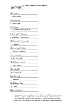 20. Informativo 21. Rede Tv 23. TV Evangelizar 24. Canal 7