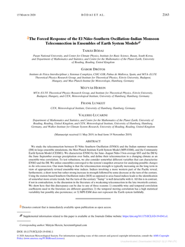 The Forced Response of the El Niño–Southern Oscillation–Indian Monsoon Teleconnection in Ensembles of Earth System Models