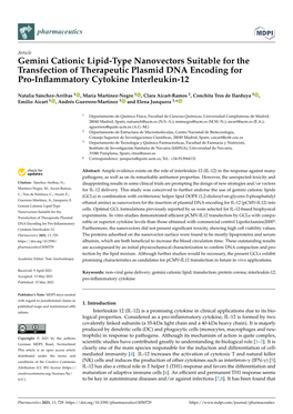 Gemini Cationic Lipid-Type Nanovectors Suitable for the Transfection of Therapeutic Plasmid DNA Encoding for Pro-Inﬂammatory Cytokine Interleukin-12