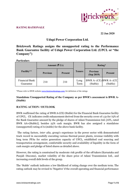 Udupi Power Corporation Ltd. Brickwork Ratings Assigns The