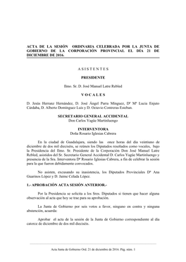 Acta De La Sesión Ordinaria Celebrada Por La Junta De Gobierno De La Corporación Provincial El Día 21 De Diciembre De 2016