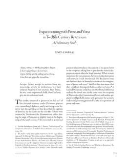 Experimenting with Prose and Verse in Twelfth-Century Byzantium a Preliminary Study