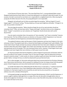 The Fifth Sunday of Lent the Woman Caught in Adultery Gospel of John 8:1-11 in the Flannery O'connor Short Story, “The Lame