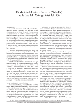 L'industria Del Vetro a Porlezza (Valsolda) Tra La Fine Del '700 E Gli Inizi Del '900