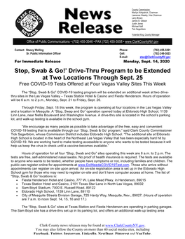 Stop, Swab & Go!' Drive-Thru Program to Be Extended at Two Locations