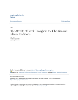 The Afterlife of Greek Thought in the Christian and Islamic Traditions Chad Berryman Augsburg University