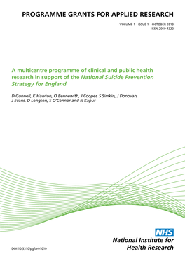 A Multicentre Programme of Clinical and Public Health Research in Support of the National Suicide Prevention Strategy for England