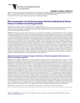 Diet Composition of a Declining Steppe Bird the Little Bustard (Tetrax Tetrax) in Relation to Farming Practices