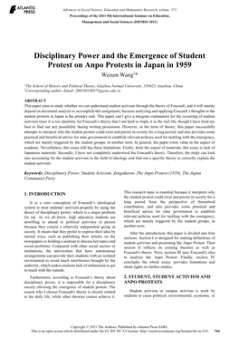 Disciplinary Power and the Emergence of Student Protest on Anpo Protests in Japan in 1959 Weisen Wang1*