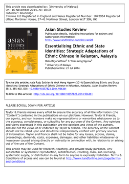 Strategic Adaptations of Ethnic Chinese in Kelantan, Malaysia Mala Rajo Sathiana & Yeok Meng Ngeowa a University of Malaya Published Online: 21 Jul 2014