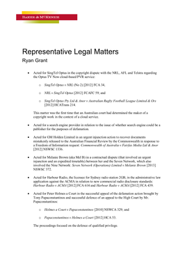 Representative Legal Matters Ryan Grant