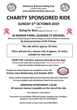 CHARITY SPONSORED RIDE SUNDAY 6Th OCTOBER 2019 in Aid of Going for Bust Registered Charity No
