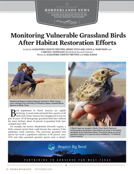 Monitoring Vulnerable Grassland Birds After Habitat Restoration Efforts Article by ALEJANDRO CHÁVEZ TREVIÑO, MIEKE TITULAER, LOUIS A