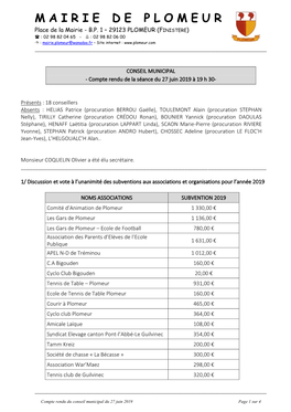 CONSEIL MUNICIPAL - Compte Rendu De La Séance Du 27 Juin 2019 À 19 H 30