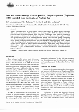 Diet and Trophic Ecology of Silver Pomfret, Pampus Argenteus (Euphrasen, 1788) Exploited from the Southeast Arabian Sea