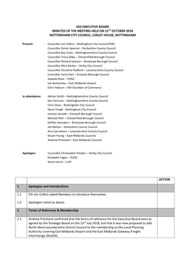 Hs2 Executive Board Minutes of the Meeting Held on 15Th October 2018 Nottingham City Council, Loxley House, Nottingham