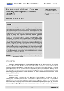 The Mathematics Values in Classroom Inventory: Development and Initial