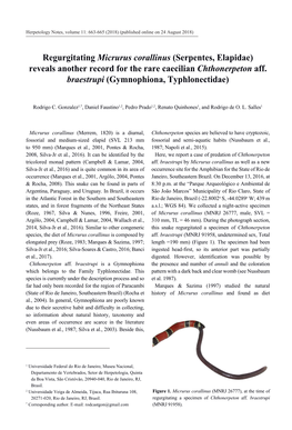 Regurgitating Micrurus Corallinus (Serpentes, Elapidae) Reveals Another Record for the Rare Caecilian Chthonerpeton Aff