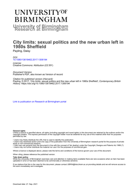 City Limits: Sexual Politics and the New Urban Left in 1980S Sheffield Payling, Daisy